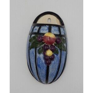 Vintage Majolica Pottery Blue Cone Shaped Wall Pocket Fruit Accent Japan